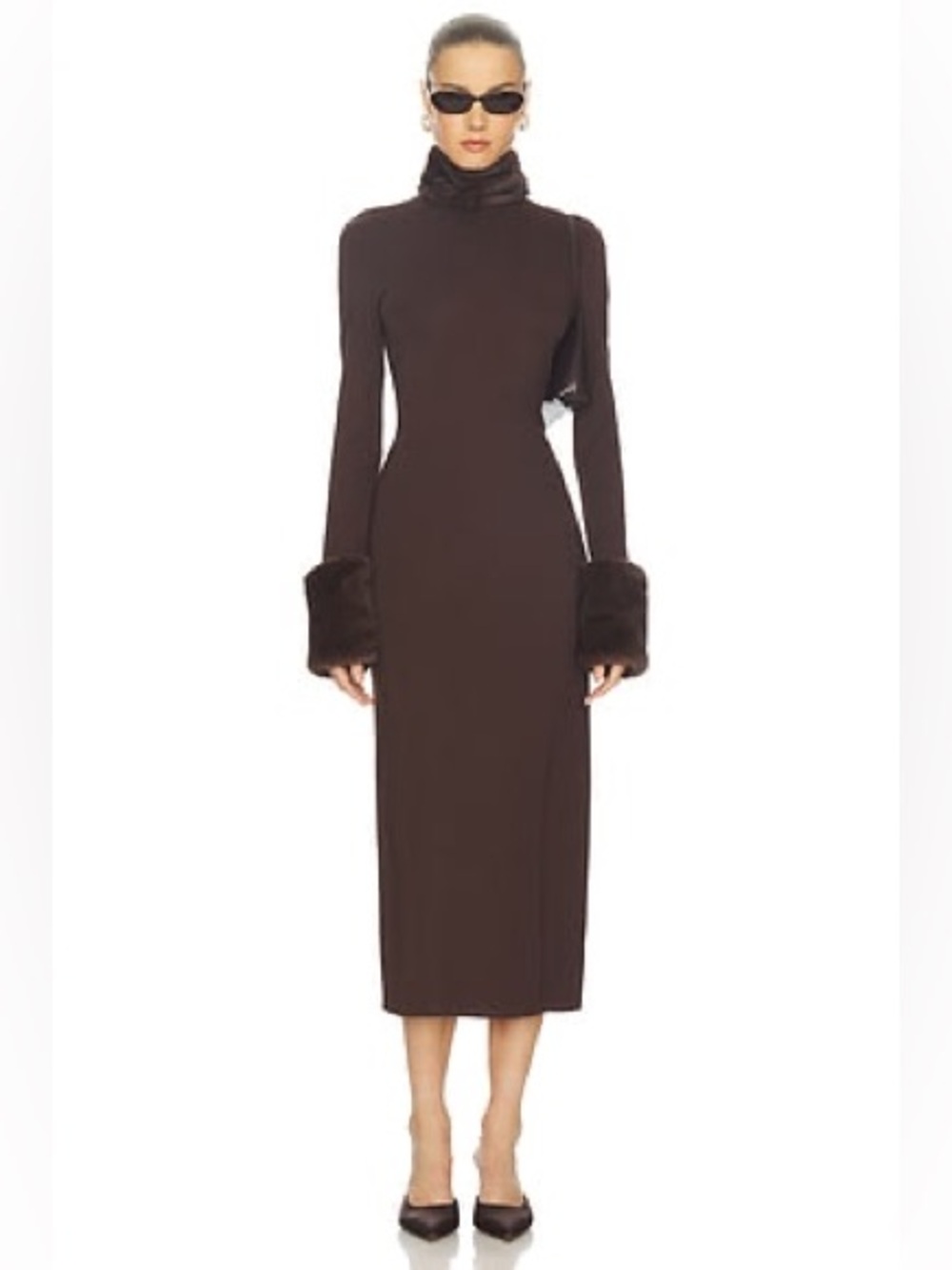 Camila Coelho Black Turtleneck Midi Dress with Faux Fur Cuffs